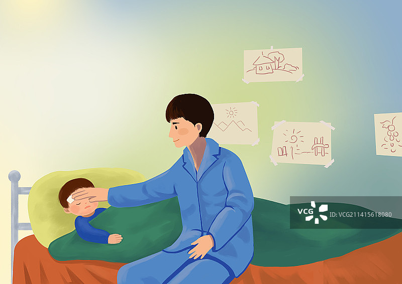 新冠疫情奥密克戎孩子宝宝发烧发热生病家人陪伴插画图片素材