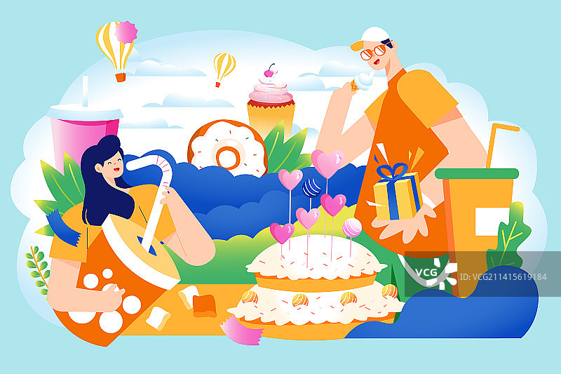 卡通外卖配送城市消费券网购商城奶茶店茶餐厅消费电商饮料下午茶促销青年学生西餐甜点美食餐饮渐变矢量插画图片素材