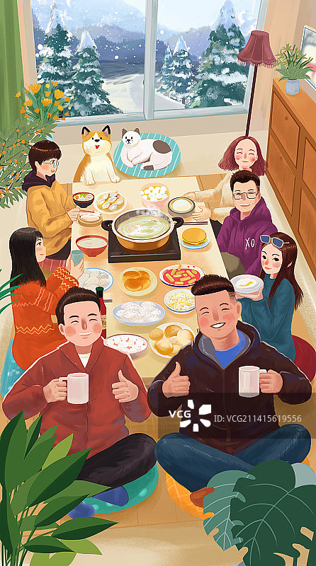 节日节气冬至朋友团建家庭聚会吃火锅饺子欢乐生活插画图片素材