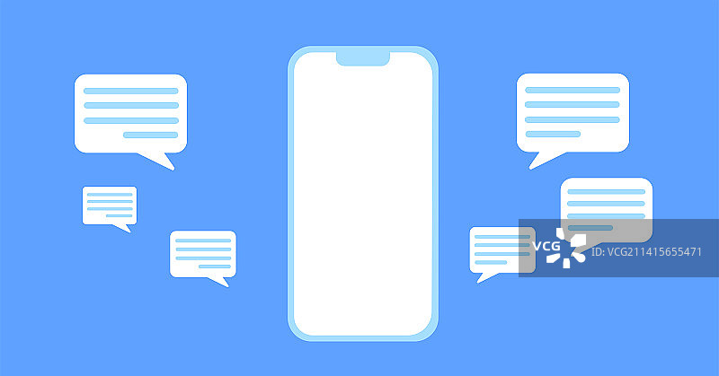 蓝色背景下的手机模型和对话框矢量设计扁平插画图片素材