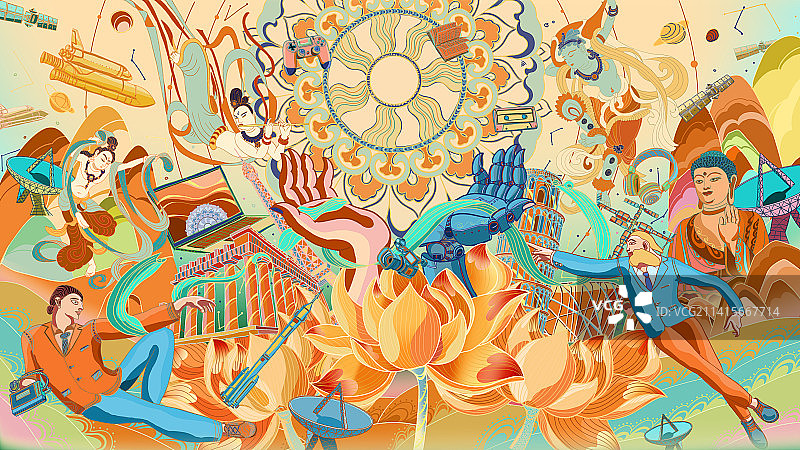 科技手敦煌飞天藻井元素图片素材