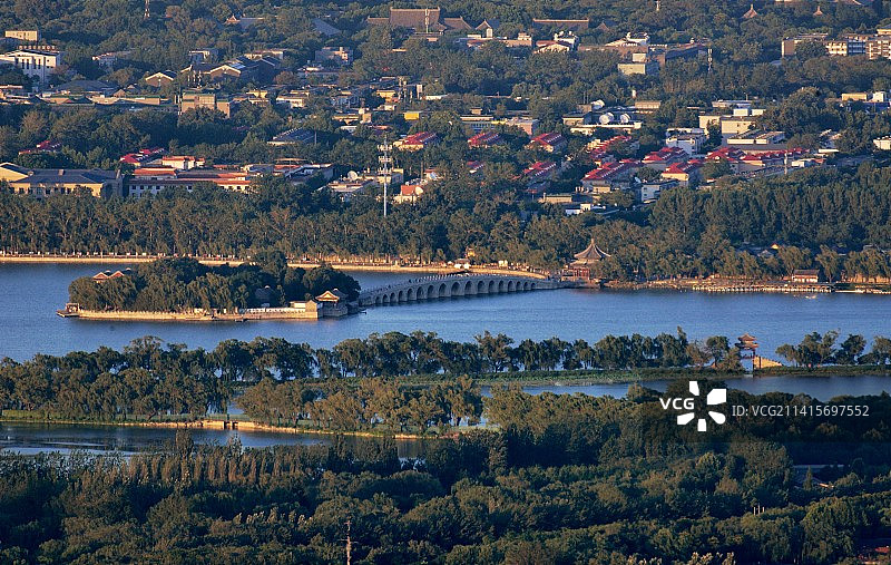 远眺北京颐和园湖光山色和周边的城市风景图片素材