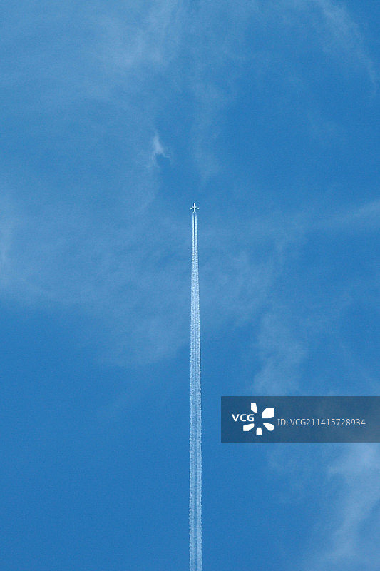 仰视视角：飞机飞过蓝天图片素材