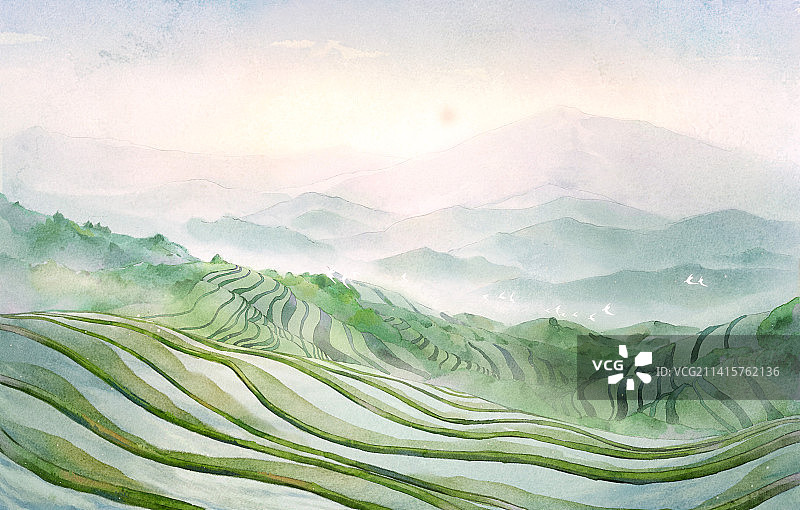 龙脊梯田水彩风景图片素材