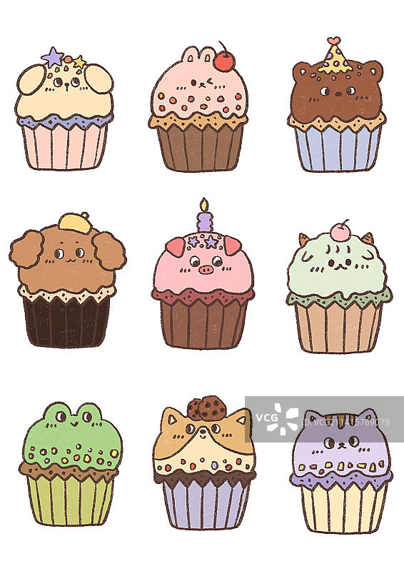 可爱手绘动物纸杯蛋糕图片素材