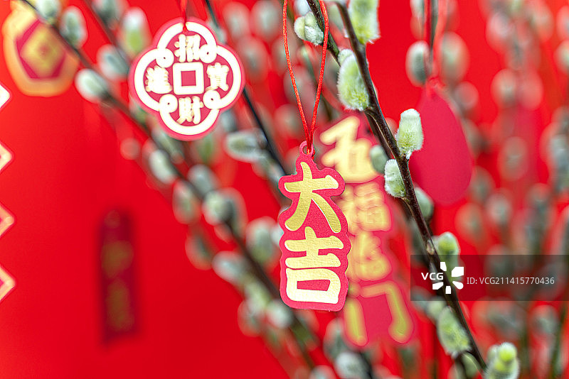 银柳旁悬挂着新年祈福的挂饰图片素材