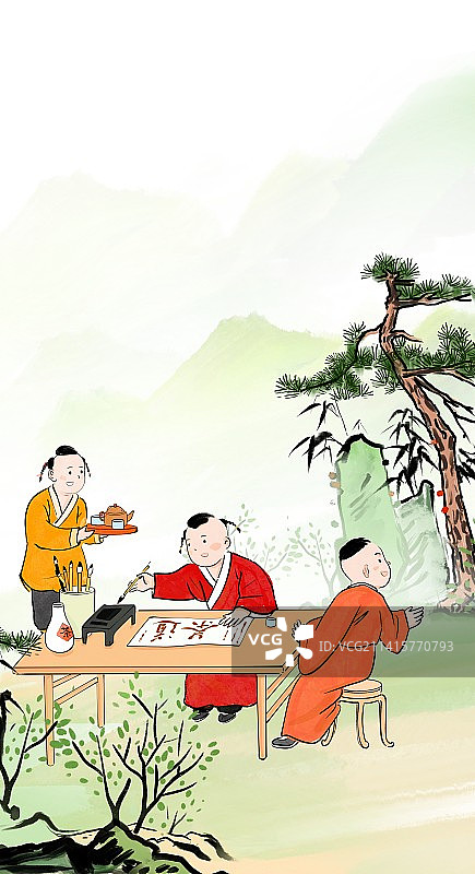 饮茶茶文化松下文人雅士独自煮茶下棋图片素材