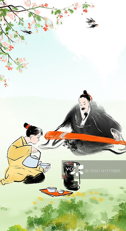 饮茶茶文化松下文人雅士独自煮茶下棋图片素材