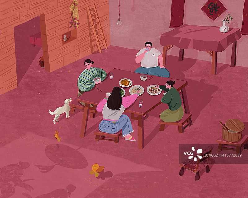 家人吃饭聚餐洋红插画图片素材