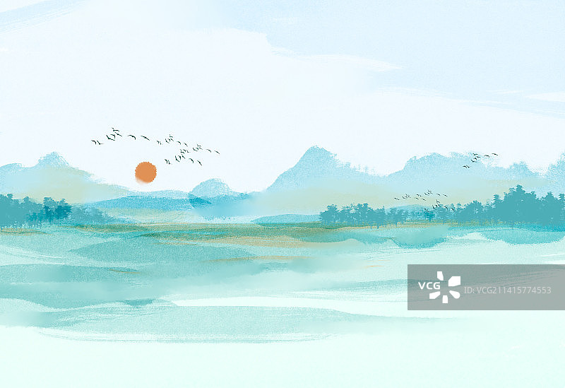 水彩山水画图片素材