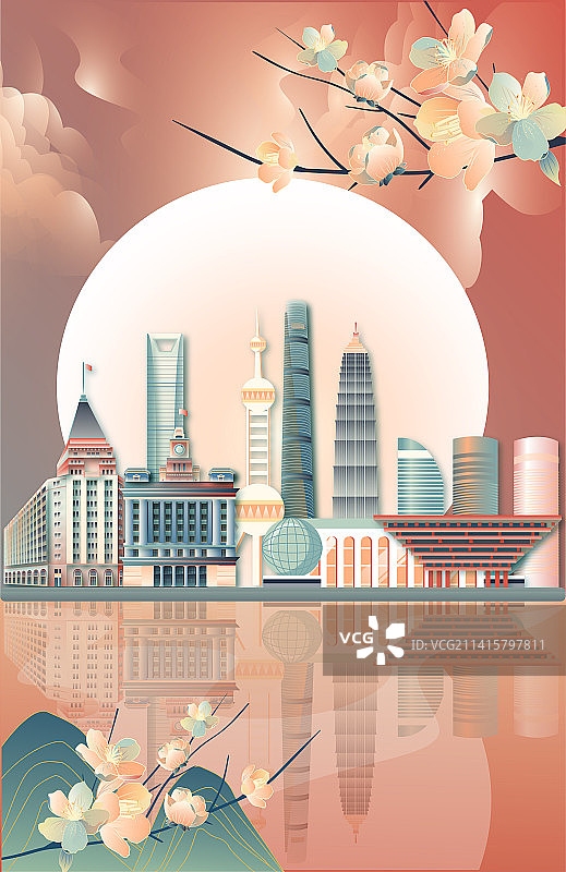 国风上海城市建筑地标竖版矢量插画图片素材