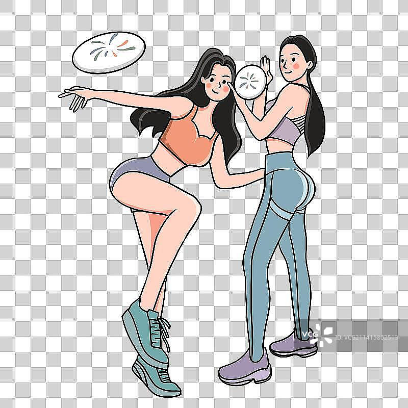 飞盘运动两个女生插画元素图片素材