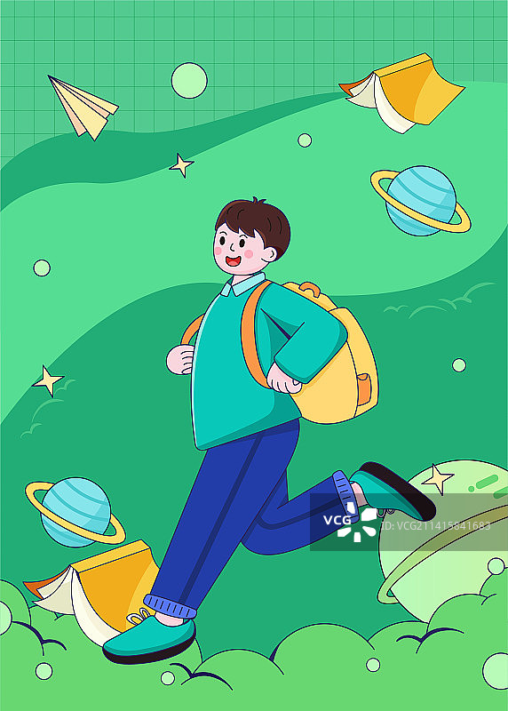 开学季小孩背着书包上学教育培训卡通插画图片素材