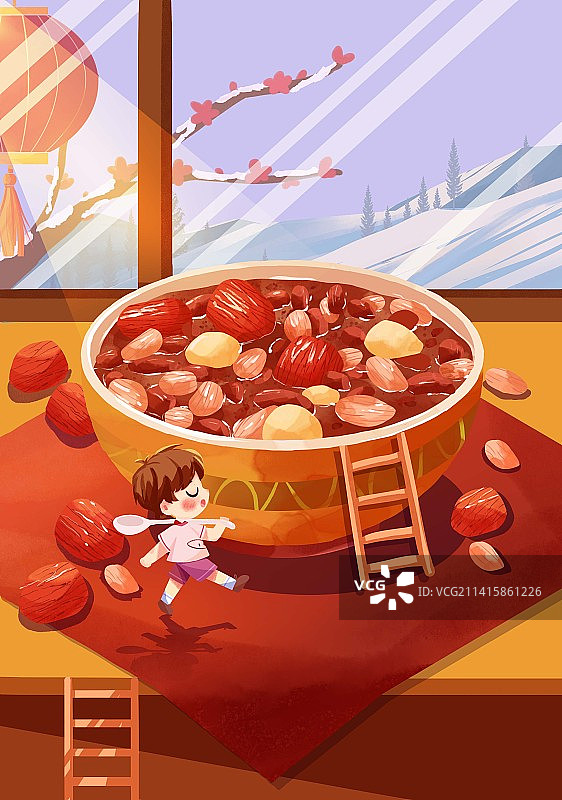 中式古典建筑与传统节日美食腊八节插画图片素材