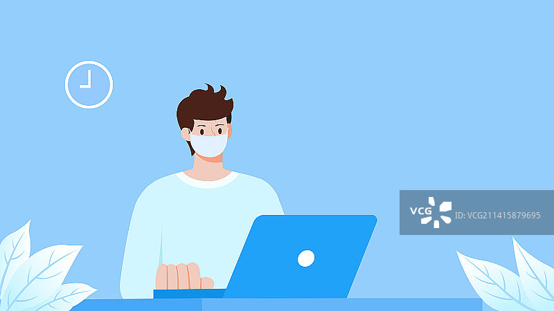 坐在电脑前的带着口罩的年轻人，男青年带口罩上班，健康做功课查资料复工矢量插画图片素材
