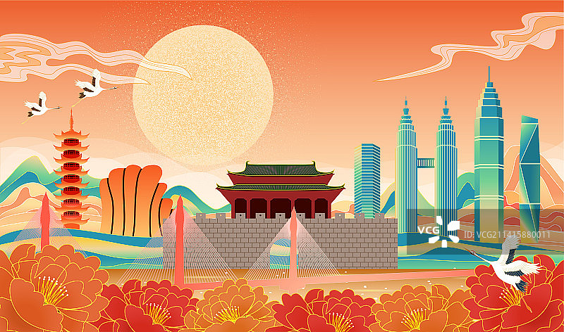 中国浙江绍兴市城市喜庆节日城市插画图片素材