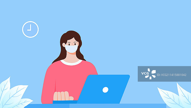 坐在电脑前的带着口罩的年轻人，女青年带口罩上班，健康做功课查资料复工矢量插画图片素材