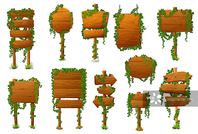 常春藤点缀的木制路标图片素材