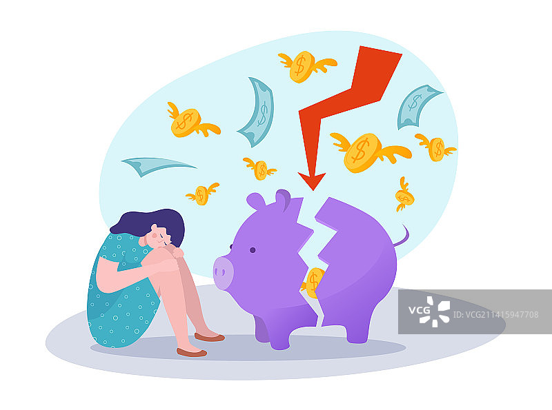 坐在破损储蓄罐旁的女人图片素材