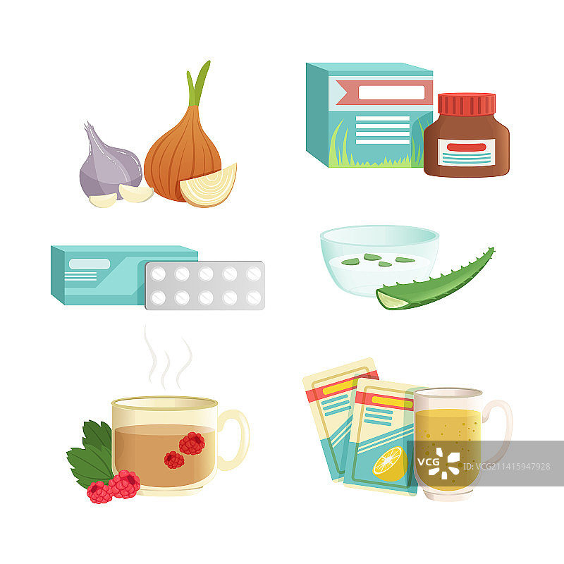 流感药物和自然疗法套装图片素材