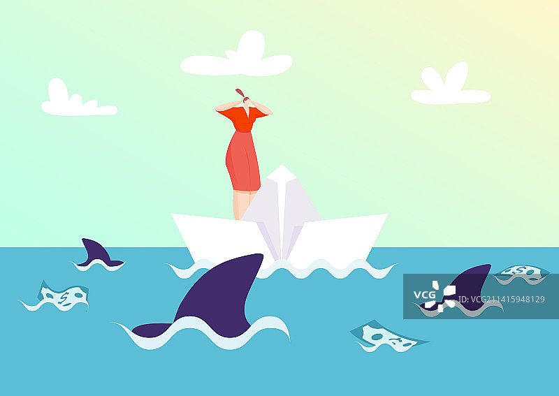 商务女士放纸船应对商业风险图片素材