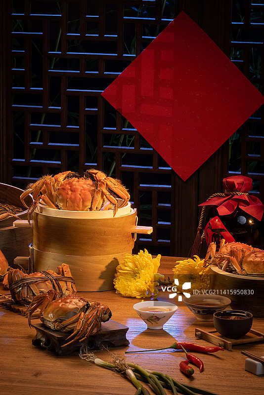 螃蟹蒸笼里的中秋节美食大闸蟹清蒸大闸蟹福字图片素材