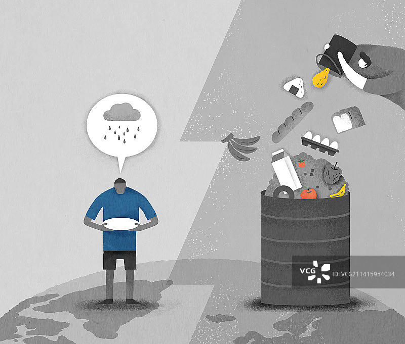 气候变化、环境污染、社会问题、食物短缺、食物浪费、过度消费、地球、食物、对比图片素材