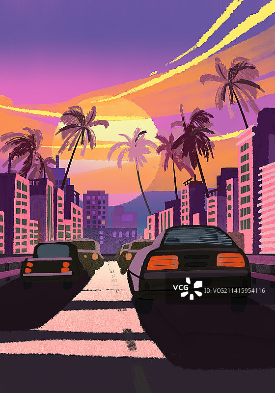 夏日日落公路城市风光汽车图片素材