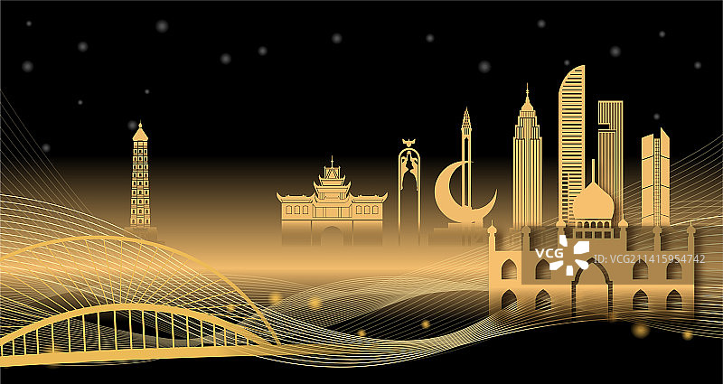 中国宁夏银川市科技城市夜景矢量插画图片素材