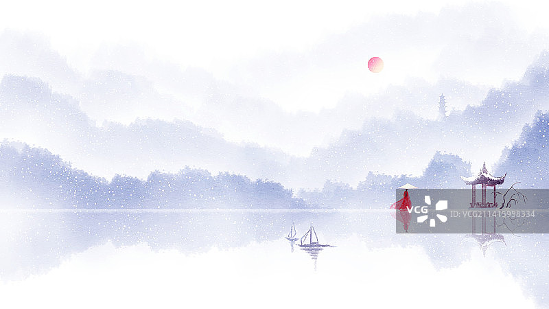 唯美水彩节气中国风山水冬天下雪场景图片素材