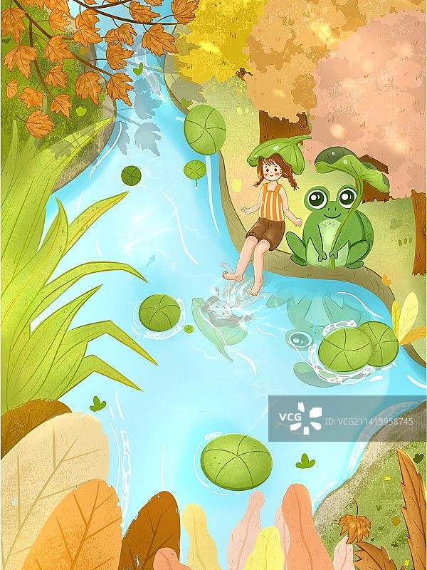 夏日河边场景插画图片素材