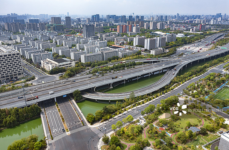 杭州钱塘区下沙东枢纽航拍图片素材