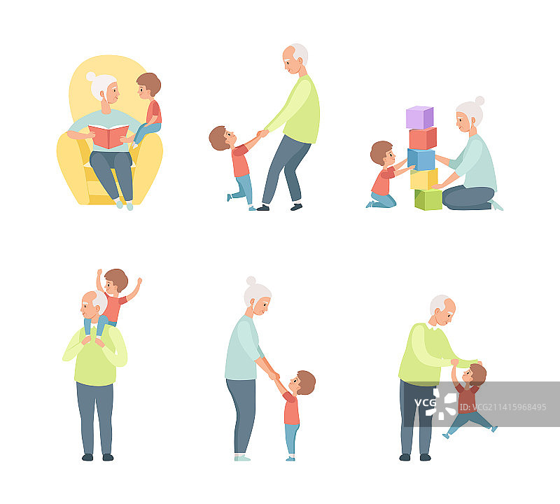 爷爷奶奶和孙辈玩积木图片素材
