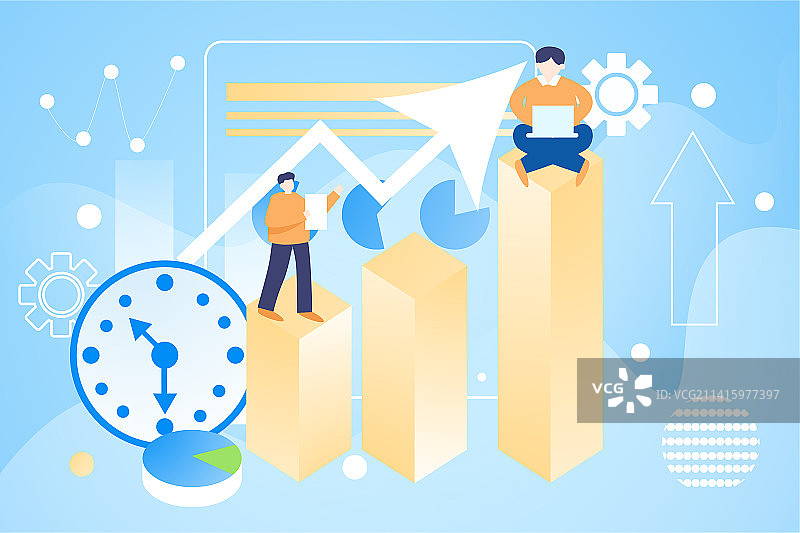 卡通节日商务办公室职员上班商务互联网办公金融数据时间效率税表发票本货币银行投资证券金融扁平矢量插画图片素材