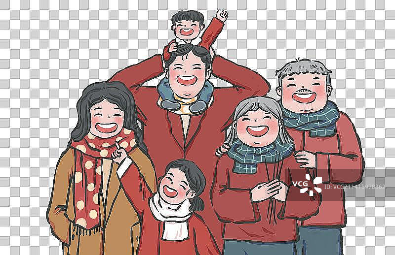 中国传统节日春节除夕全家福一家人团圆看烟花图片素材