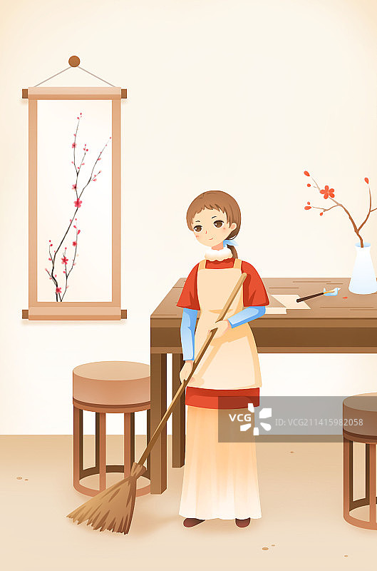 腊月二十四扫尘——卡通手绘年俗系列插画图片素材