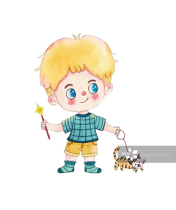 牵着猫的小男孩图片素材