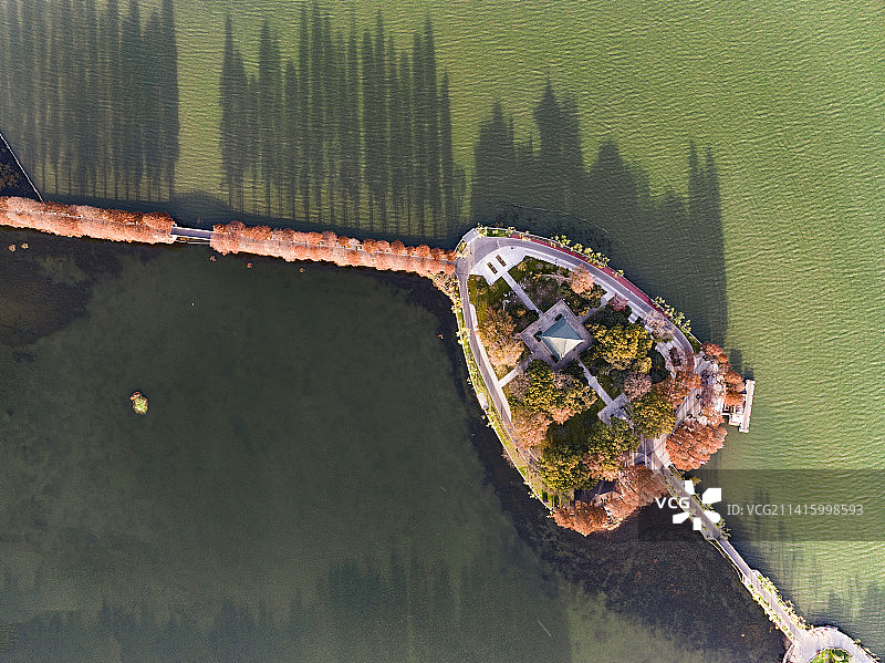 武汉市东湖风景区行吟阁秋天秋景全景航拍图片素材