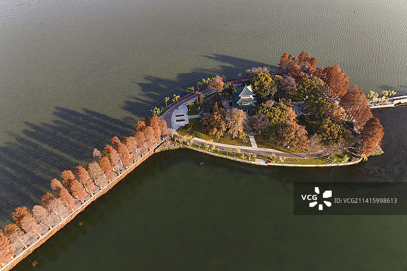 武汉市东湖风景区行吟阁秋天秋景全景航拍图片素材
