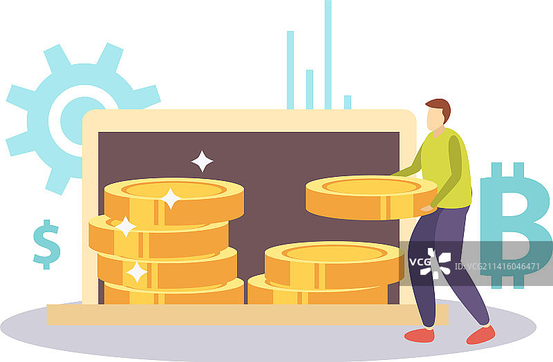 笔记本电脑硬币扁平构图图片素材