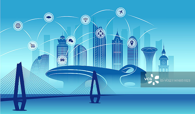 中国海南省海口市城市数据5G网络插画蓝色图片素材