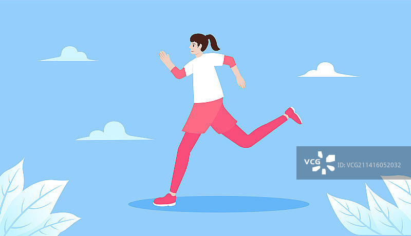 跑步的女年轻人女青年学生，运动服扁平清新矢量插画图片素材