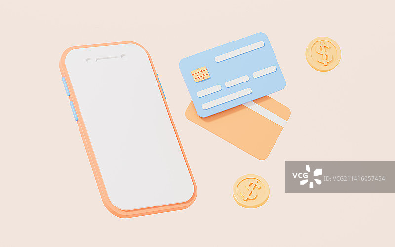 卡通手机与银行卡3D渲染图片素材