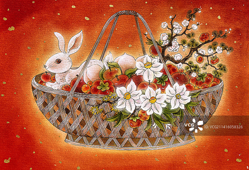 兔年新年兔子竹篮年货插画图片素材