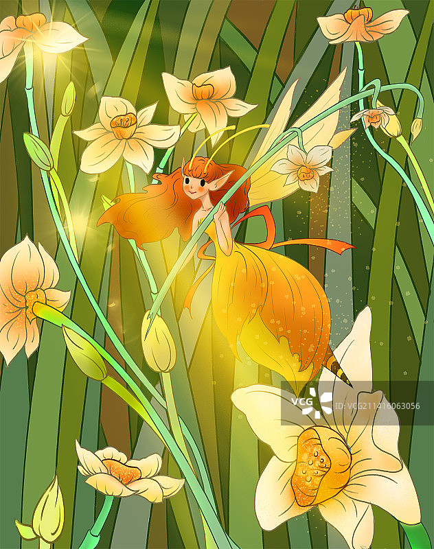 水仙花植物精灵治愈系插画图片素材