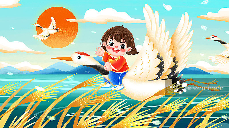 秋天白露节气骑大雁的女孩插画图片素材