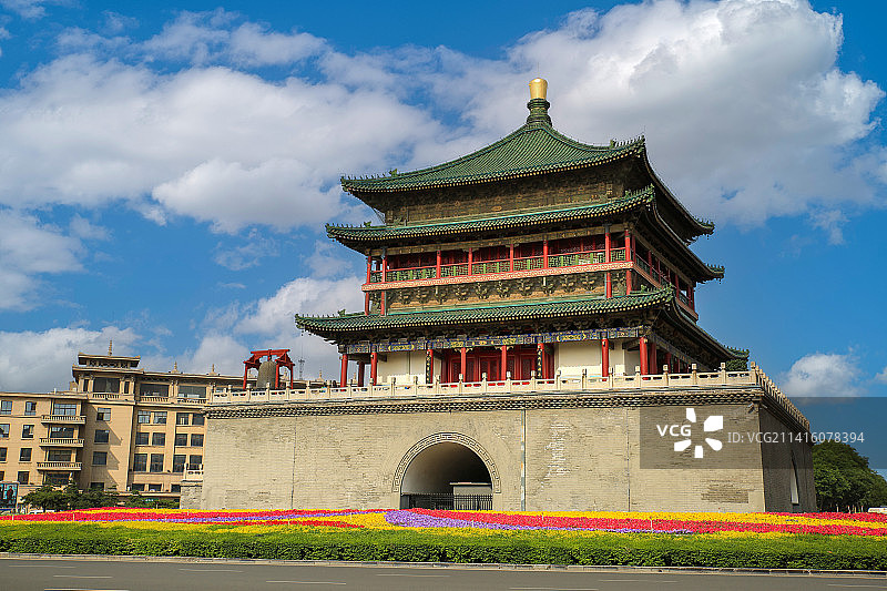 蓝天白云下的陕西省西安市钟楼图片素材