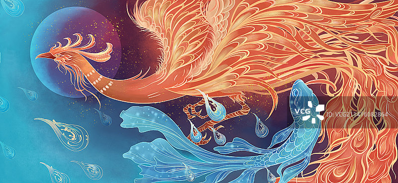 国潮金凤凰和游动锦鲤图片素材