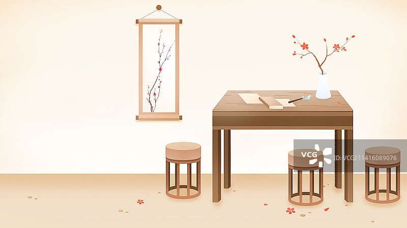 古风室内书房一角，清新手绘国风插画图片素材
