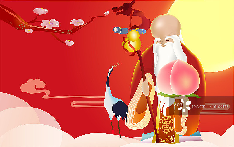 红色背景下寿星佬端桃贺寿图图片素材